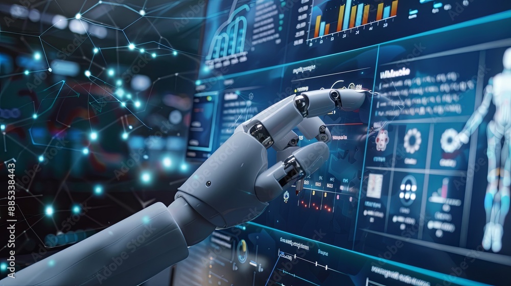 Poster businessman touch automated data management system to create reports with kpis and indicators connec