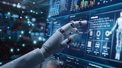 Businessman touch automated data management system to create reports with KPIs and indicators connected to the database. Data analysis with intelligent AI robot technology in business analysis