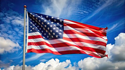 Obraz premium Photo of American flag waving in the wind on Memorial Day, memorial, day, flag, American, patriotic, pride, remembrance, tribute, symbol