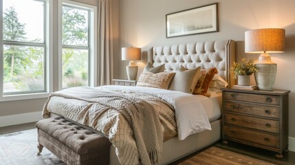 A cozy bedroom with a tufted headboard, soft lighting, and a stylish dresser