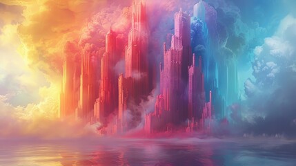 Vibrant fantasy cityscape with colorful towers and clouds reflecting on calm water, creating a dreamlike, surreal atmosphere at sunset.