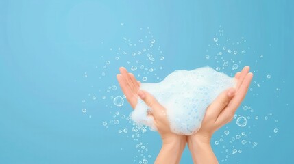 Fototapeta premium Hands holding a heap of soap bubbles against a blue background, representing cleanliness and hygiene.