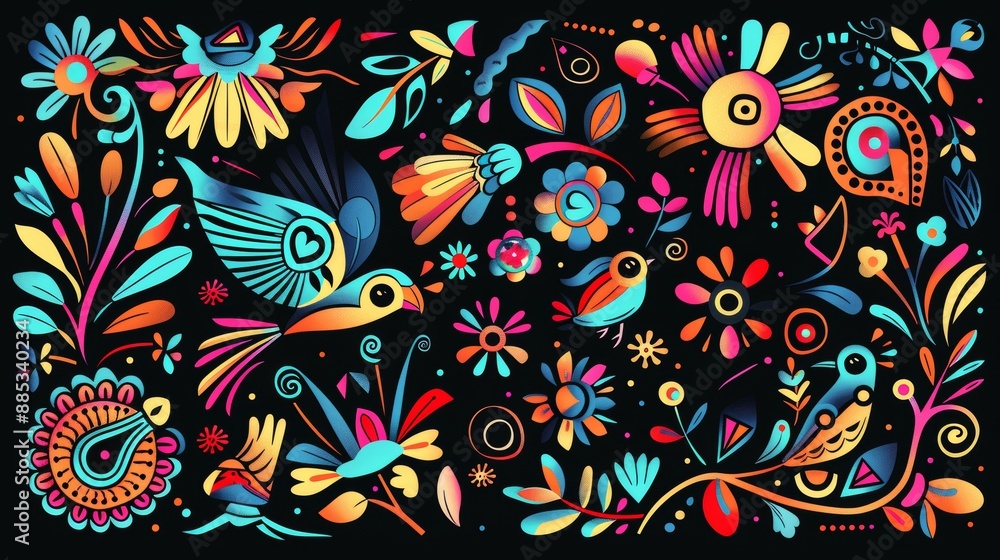 Poster the background features a seamless pattern with ethnic colorful designs and a black background