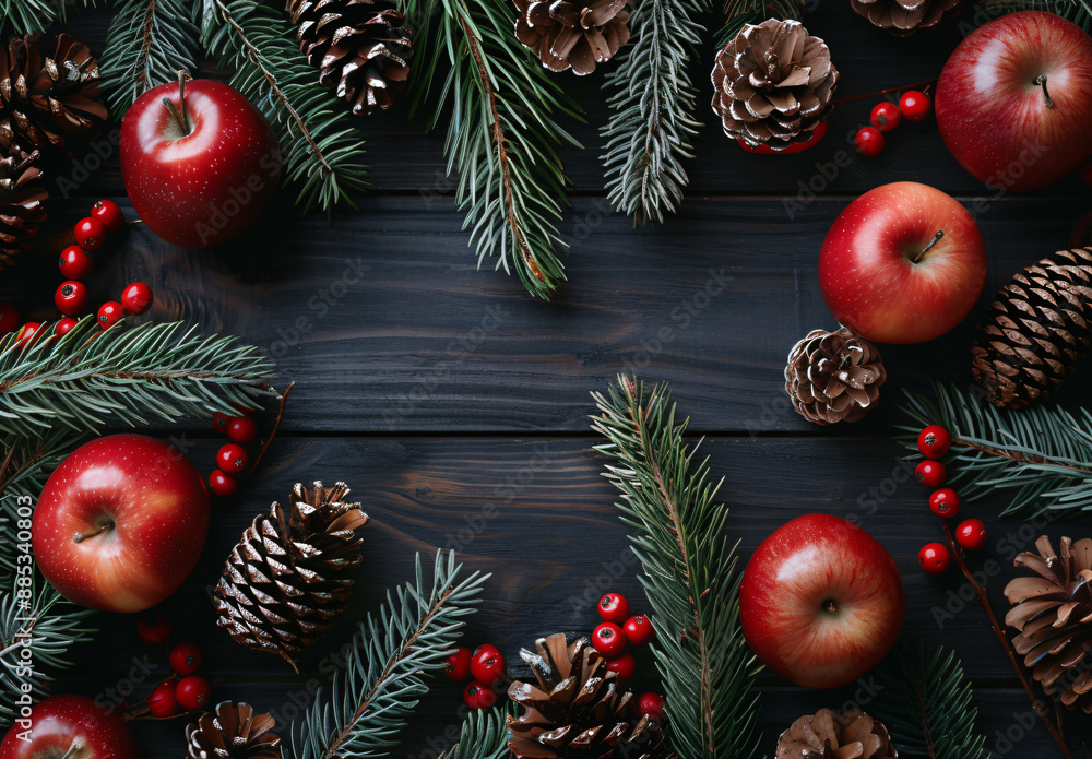 Poster christmas background with fir branches, red apples and pine cones on a dark wooden table. top down v