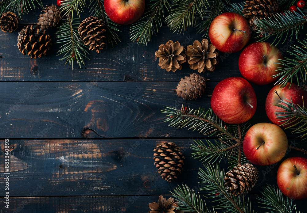 Poster christmas background with fir branches, red apples and pine cones on a dark wooden table. top down v