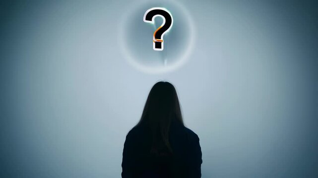 Woman with a question mark above her head, process of thinking and reflecting on gender issues and self-identification