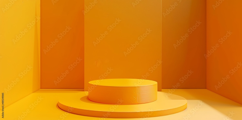 Poster a 3d rendering of an orange product background stand or pedestal on an empty display with glowing li