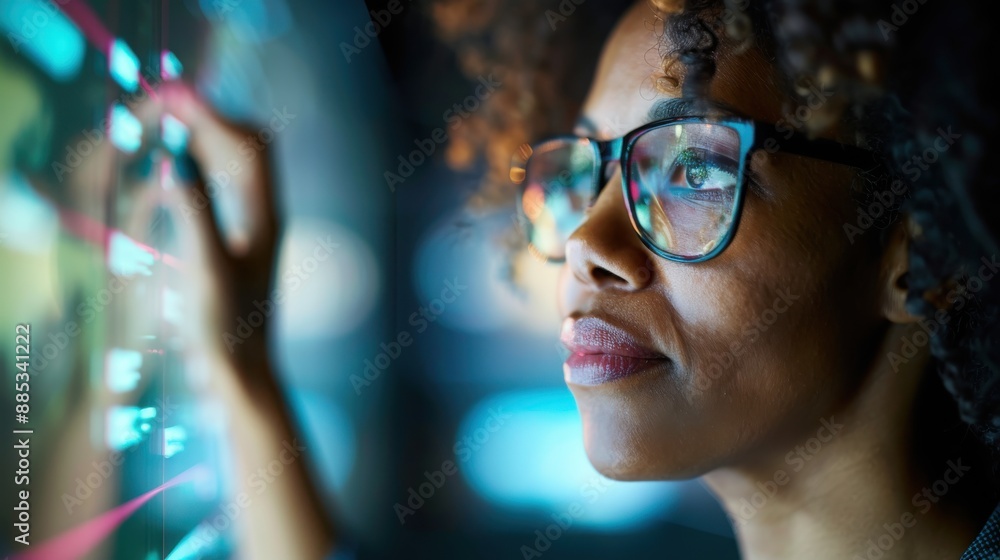 Poster a woman interacting with a futuristic touchscreen display, engaging with digital content and data vi