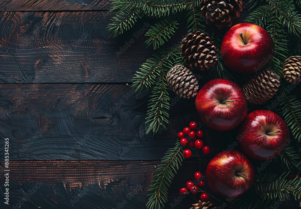 Poster christmas background with fir branches, red apples and pine cones on a dark wooden table top in a vi