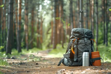 Backpack, Thermos and Travel Mug in Forest Banner with Copy Space, Hiking Equipment on Footpath