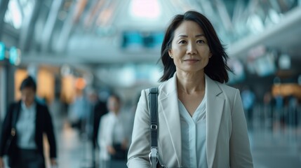 Obraz premium A woman in a light blazer stands confidently in a busy terminal. She appears ready to tackle her day, with an expression of determination and assurance amidst a flow of people.