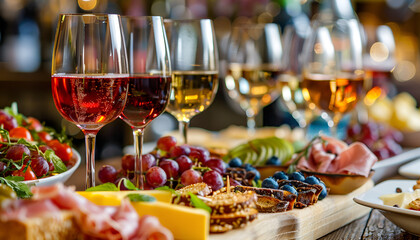 catering services background with snacks and glasses of wine on bartender counter in restaurant