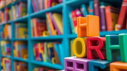 Colorful Letters In Front Of A Bookshelf.
