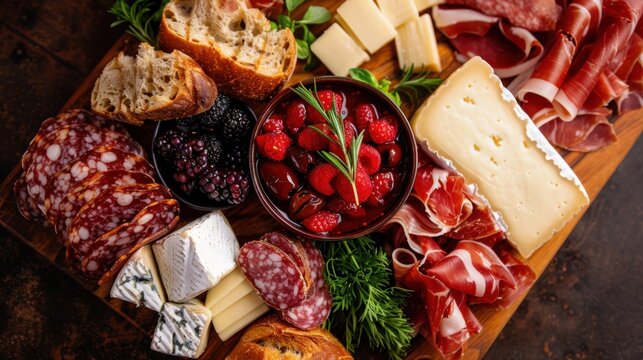 An elegant charcuterie board showcasing an array of meats, cheeses, fresh berries, herbs, and crusty bread, artistically arranged for an enticing and savory experience.