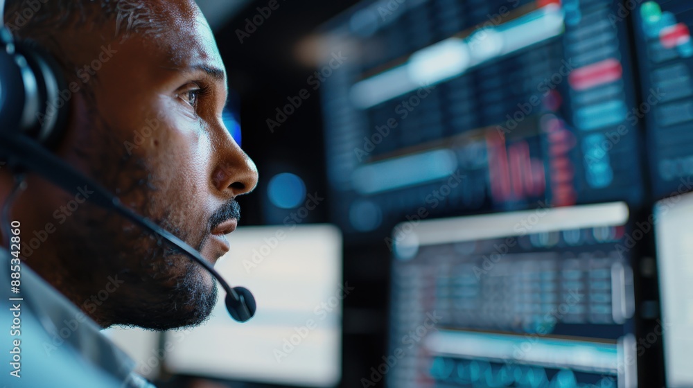 Poster an individual with a headset is closely monitoring multiple trading screens, depicting a high-tech, 