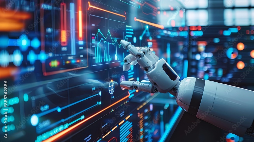 Poster businessman touch automated data management system to create reports with kpis and indicators connec