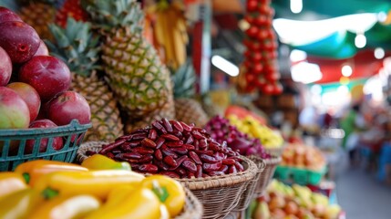Obraz premium A bustling market scene showcasing a variety of fresh fruits, including pineapples, apples, and peppers, arranged in baskets and crates under colorful awnings.
