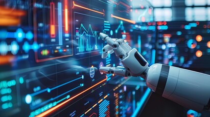 Businessman touch automated data management system to create reports with KPIs and indicators connected to the database. Data analysis with intelligent AI robot technology in business analysis 
