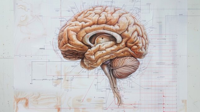 Anatomical Drawing of the Human Brain with Grid Overlay.