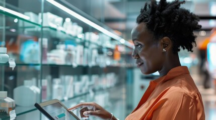 A woman is engaged with a tablet while standing in a contemporary pharmacy store filled with various medical supplies and products on neatly arranged shelves.