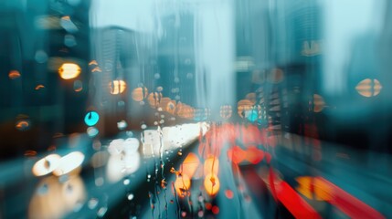 An evocative urban scene captured at dusk with raindrops on the window and vibrant city lights reflecting, showcasing the rainy day mood and lively city atmosphere.