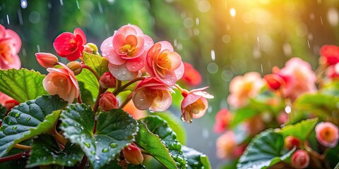 Obraz premium Begonias glistening with raindrops, creating a serene and beautiful scene, begonia, flower, raindrops, water droplets, garden