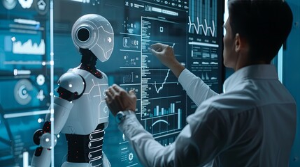 Businessman touch automated data management system to create reports with KPIs and indicators connected to the database. Data analysis with intelligent AI robot technology in business analysis 