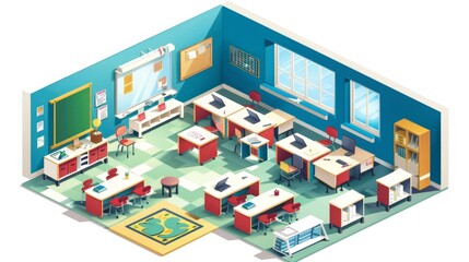 Naklejka premium Isometric Classroom with Desks and Laptops.