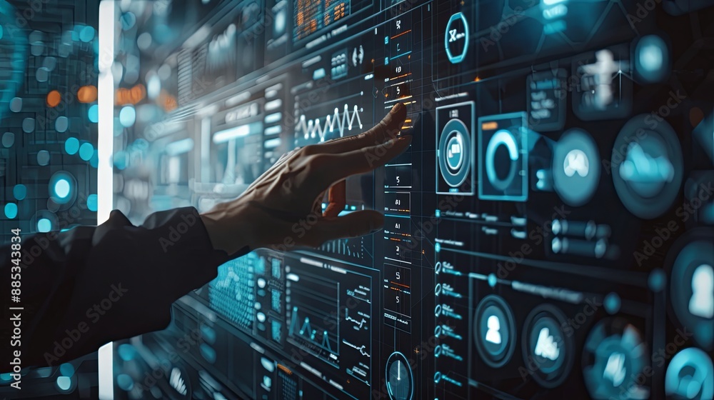 Poster businessman touch automated data management system to create reports with kpis and indicators connec
