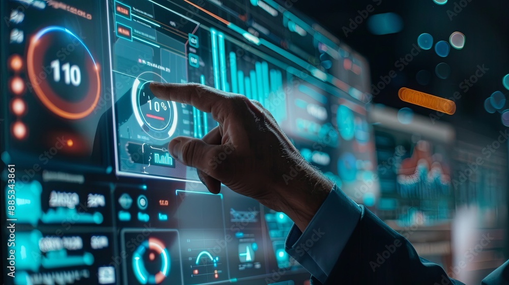 Poster businessman touch automated data management system to create reports with kpis and indicators connec