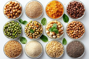 Fototapeta premium A variety of nuts seeds and grains in glass bowls on a white background