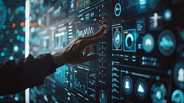 Businessman touch automated data management system to create reports with KPIs and indicators connected to the database. Data analysis with intelligent AI robot technology in business analysis  - Powered by Adobe