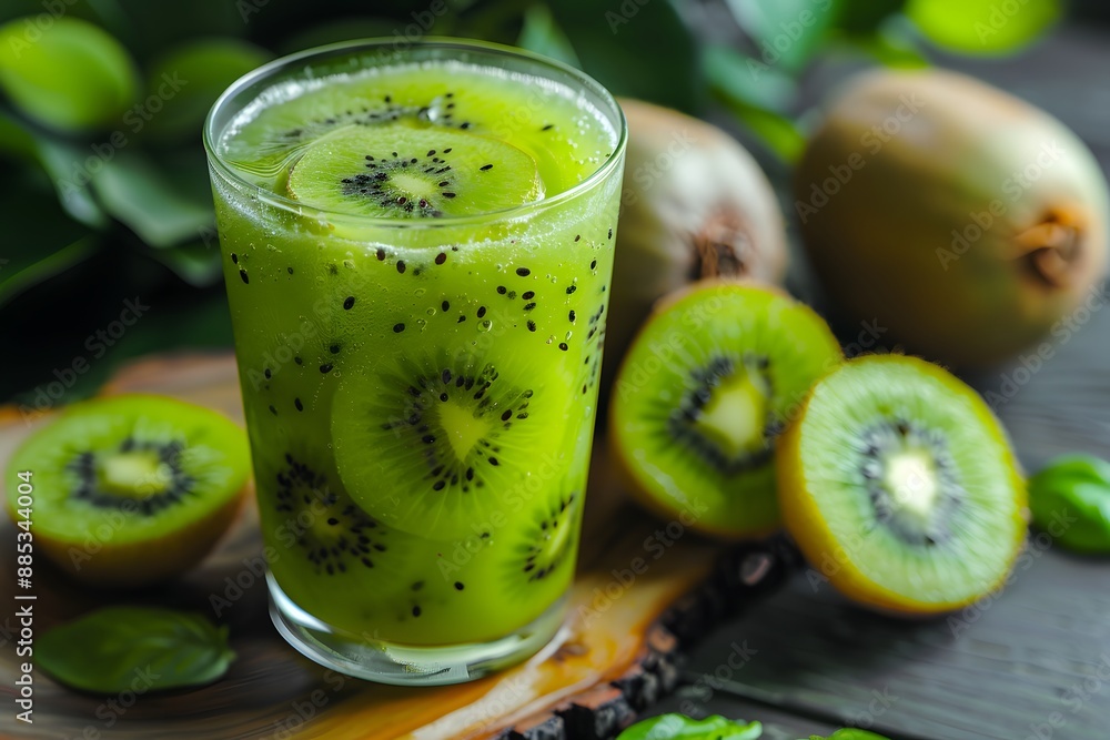 Poster refreshing kiwi smoothie with fresh kiwi slices