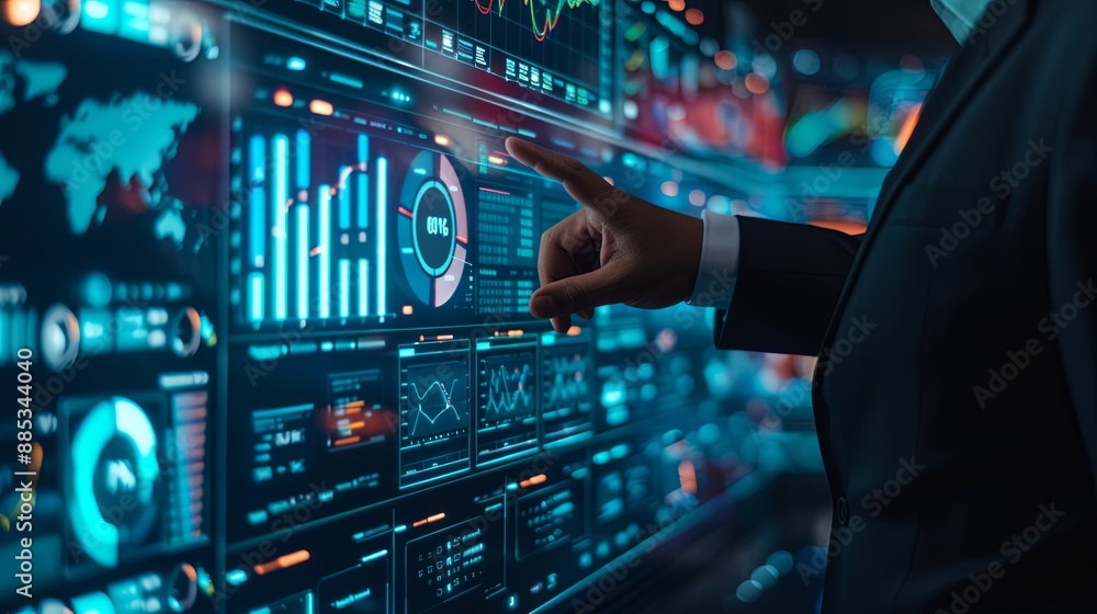 Poster businessman touch automated data management system to create reports with kpis and indicators connec