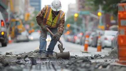 A construction worker in a hard hat and safety vest using a jackhammer on a city street under repair