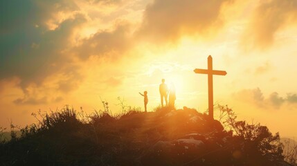 Concept for a big family worship service: silhouette people seeking the cross in autumn sunlight