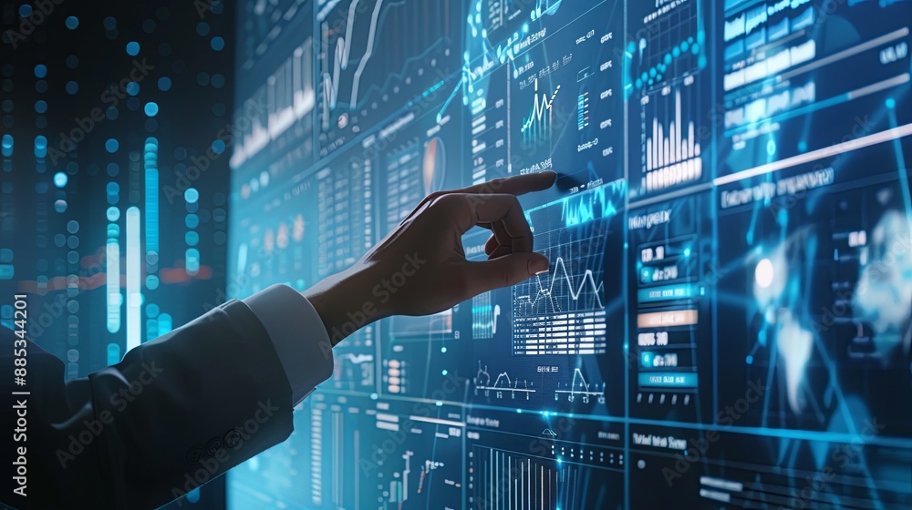 Poster businessman touch automated data management system to create reports with kpis and indicators connec