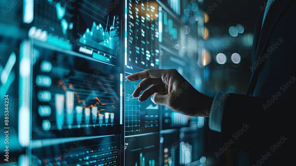 Poster businessman touch automated data management system to create reports with kpis and indicators connec