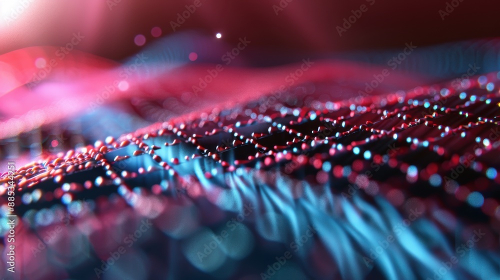 Poster a dynamic and colorful flowing mesh featuring vibrant red and blue accents. the image captures the f