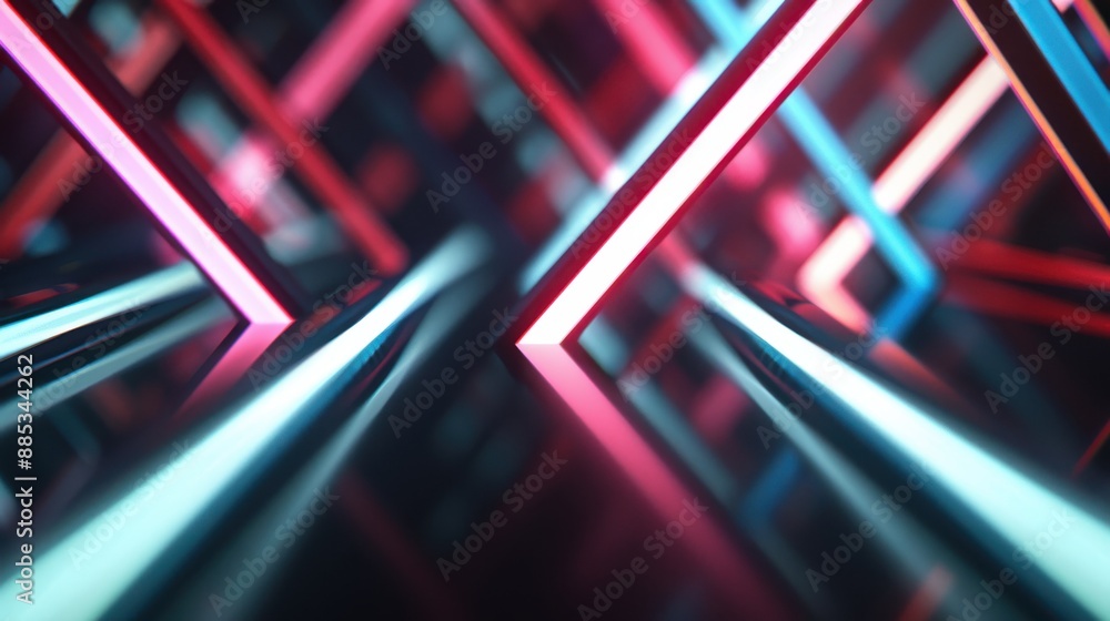 Poster a visually striking image featuring geometric light beams in vibrant neon colors. the interplay of l