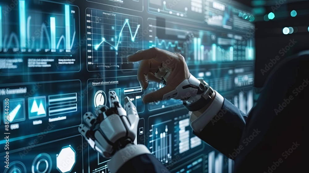 Poster businessman touch automated data management system to create reports with kpis and indicators connec