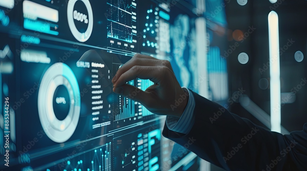 Poster businessman touch automated data management system to create reports with kpis and indicators connec