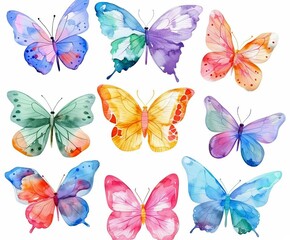 Isolated watercolor elements. Collection of watercolor hand drawn cute butterflies.