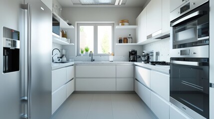 Modern white kitchen with stainless steel appliances, natural light, and sleek cabinetry. A perfect blend of functionality and contemporary design.