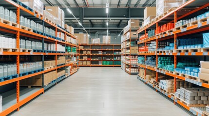 Modern warehouse storage with organized shelves and various goods, providing efficient inventory management for businesses.