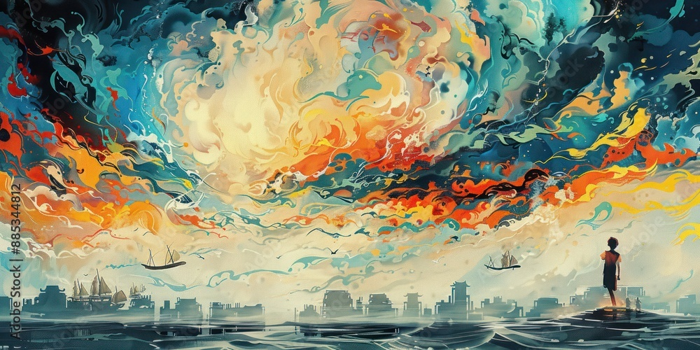 Wall mural Surreal painting of a person on shore with vibrant sky and floating boats