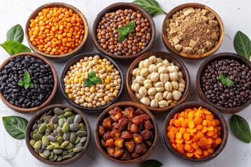 A variety of colorful dried beans lentils nuts and seeds in wooden bowls on a white background