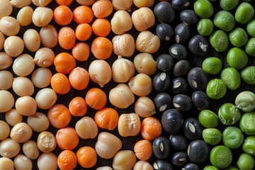 Colorful arrangement of various types of beans and peas in separate vertical columns