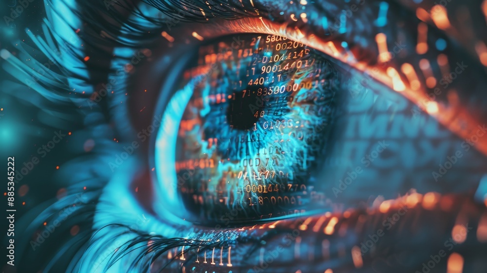 Poster animation concept of a human multicolored iris of the eye. rainbow lines scatter from a binary circl