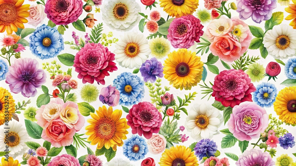 Poster Seamless pattern featuring colorful flowers on a white background, floral, botanical, repetitive, design, spring, summer